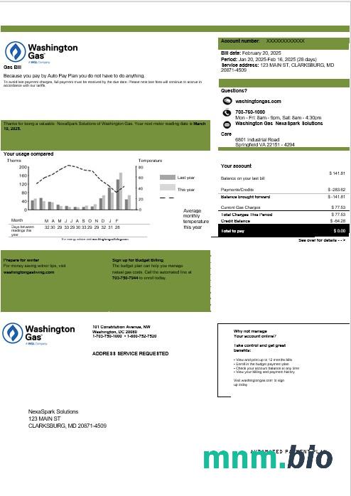 USA Washington Gas (WGL) szablon rachunku za media Biznesowe w formatach Word i PDF